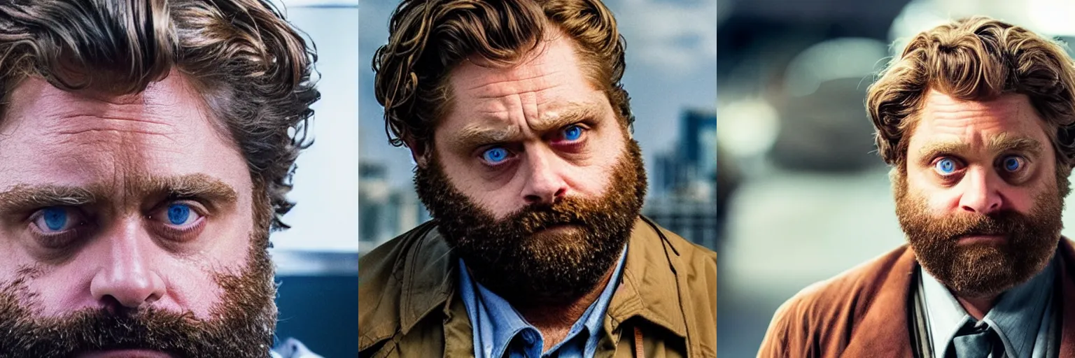 Prompt: close-up of Zach Galifianakis as a detective in a movie directed by Christopher Nolan, movie still frame, promotional image, imax 70 mm footage