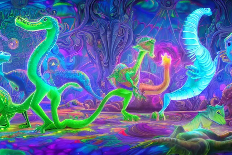 Prompt: a psychedelic realm made entirely out of love and acceptance and hypercolors. astral beings sharing love. cute smiling glowing skin glowing chibi style pixar baby dinosaurs in the style of, epic, fantasy, hyper detailed, smooth, unreal engine, sharp focus, ray tracing