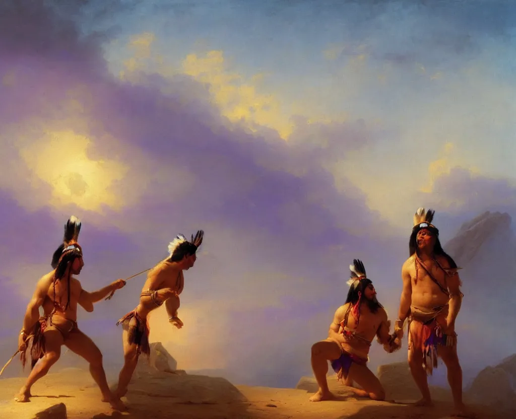 Image similar to two handsome american indians in loincloths, wrestling against a royal purple backdrop by ivan aivazovsky, oil painting, beautiful soft lighting, saturated colours, artstation