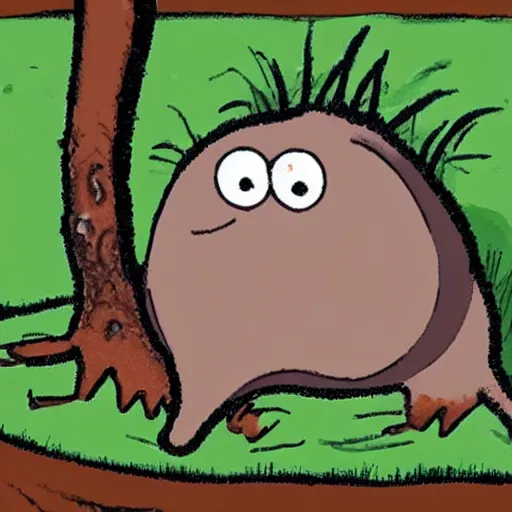 Prompt: a picture of a cartoon mole, popping out of his mole hill