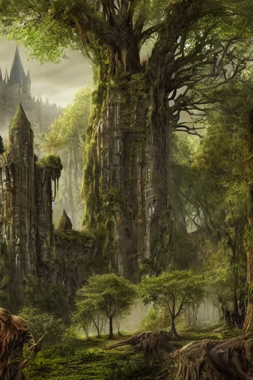 Image similar to gigantic castle, adorned pillars, towers, gnarly trees, lush vegetation, forrest, landscape, alex ross, neal Adams, david finch, concept art, matte painting, highly detailed, rule of thirds, dynamic lighting, cinematic, detailed, denoised, centerd