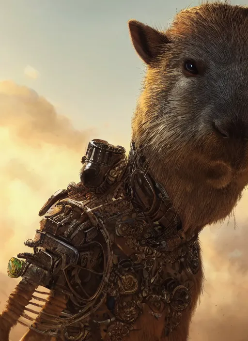 Image similar to detailed full body concept art illustration oil painting of an anthropomorphic capybara mad max in full intricate clothing, biomutant, dystopian, ultra detailed, digital art, octane render