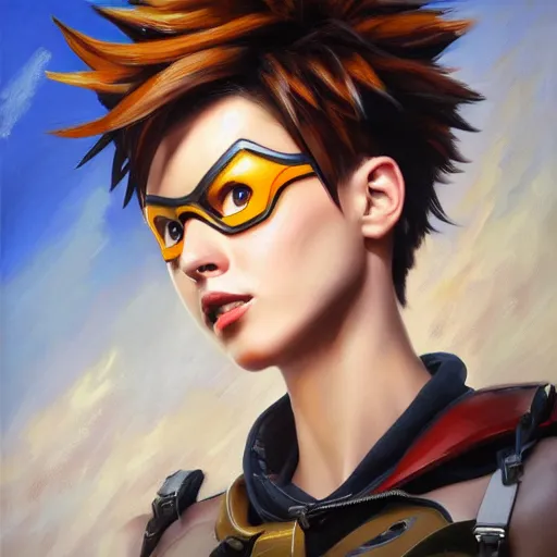 Image similar to oil painting of tracer overwatch in a field, in style of mark arian, expressive face, very detailed face, wearing large detailed black collar, very detailed eyes, full body, feminine face, detailed makeup on eyes,