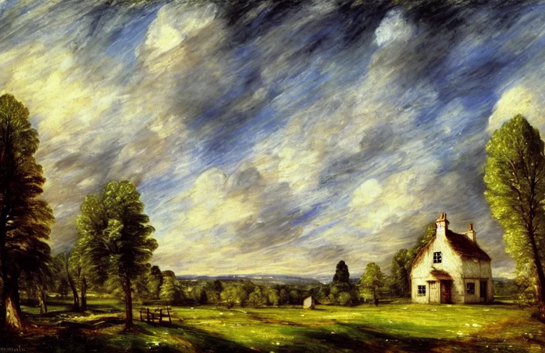 Prompt: small tudor cottage in a field near a pine forest, blue sky, fantasy, concept art, high angle, highly detailed, warm lighting, by john constable