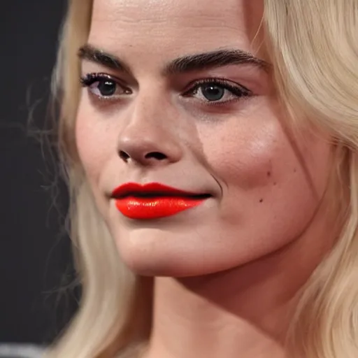 Image similar to a woman who is a genetic combination of margot robbie and emma watson face and upper - body focus