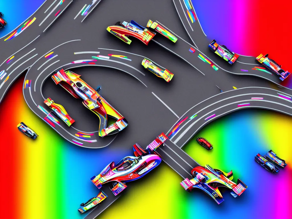 Prompt: race cars with various liveries racing on a road made out of a rainbow in space, stunning digital art, high detail, 4 k, trending on artstation, great composition, focus on cas