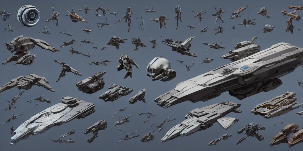 Image similar to collection of futuristic sci - fi props and gadget, items, hard surface, kitbash, parts, shape and form, in watercolor gouache detailed paintings, star citizen, modular, pieces, golden ratio, mobius, weapon, guns, destiny, big medium small, insanely details, wes anderson, bungie, star wars, by makoto shinkai, ghibli