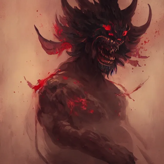 Image similar to a painting of a japanese demon by greg rutkowski, dark fantasy art, high detail, trending on artstation