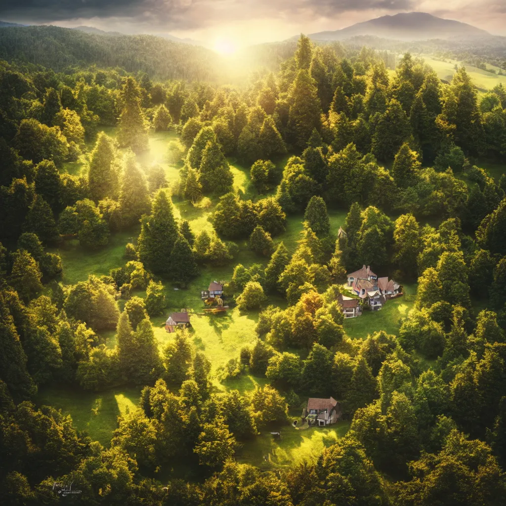 Image similar to beautiful landscape, home on the top of a hill surrounded by trees, natural lighting, 35mm photography, highly detailed, 8K, artgerm, cgsociety, warm lighting