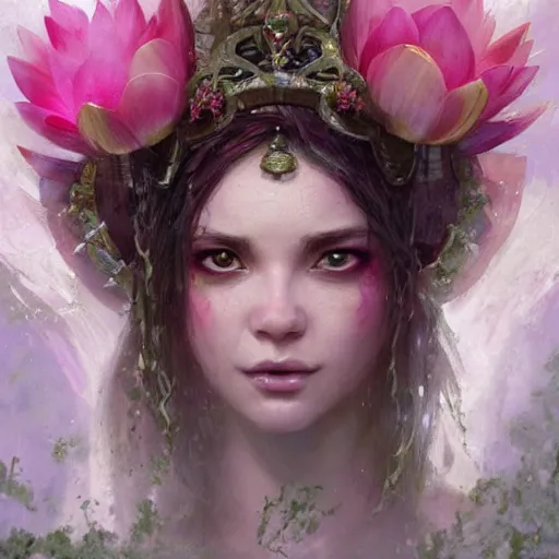 Prompt: Lotus floral crown girl, pink Lotus queen, epic fantasy style art by Craig Mullins, fantasy epic digital art, epic fantasy card game art by Greg Rutkowski