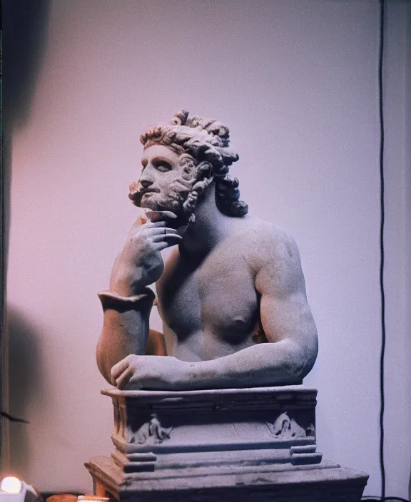 Image similar to an ancient greek statue listens to lo - fi on his vintage stereo in his neon lit vaporwave bedroom in japan. cinestill 8 0 0 t