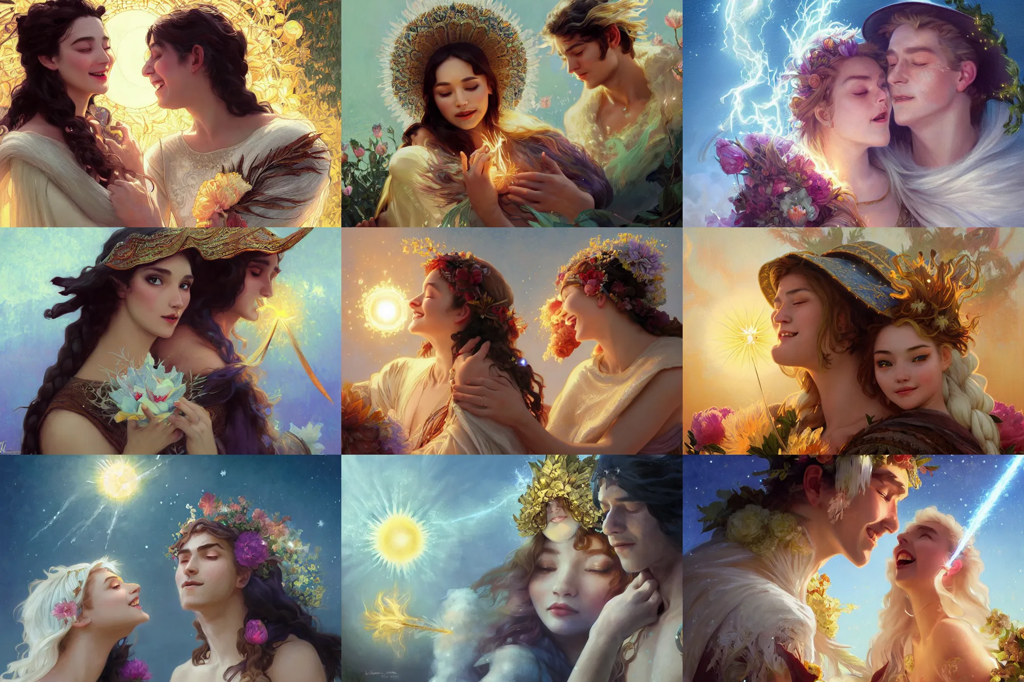 Prompt: a cinematic beautifully close up moment of a young sun god and moon goddess magician lovers laughing goodbye wearing boho sunhat with peonies casting lightening spells, Frozen Klaus film, elegant, digital painting, artstation, concept art, illustration, Frozen II art masterpiece by art by Krenz Cushart, Artem Demura, alphonse mucha, ArtGerm, Jon Lothian, Danilo Torres, Adi Meyers, Thomas Reimann, Gaston Bussiere