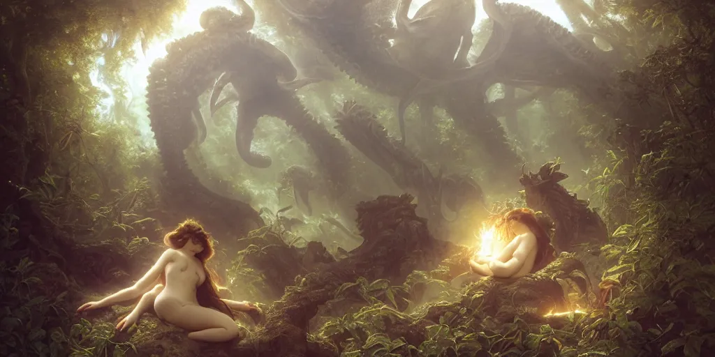 Image similar to Fantasy fairytale story, Great Leviathan Turtle, cephalopod, Cthulhu Squid Terrapin, Mysterious Island, center Universe, hybrid, Reptilian Cyborg, intense celestial fantasy atmospheric lighting, hyper realistic, William-Adolphe Bouguereau, François Boucher, Jessica Rossier, Michael Cheval, michael whelan, Cozy, hot springs hidden Cave, Forest, candlelight, natural light, lush plants and flowers, Spectacular Mountains, bright clouds, luminous stellar sky, outer worlds, Golden dapple lighting, Solar Flare Unreal Engine, HD,