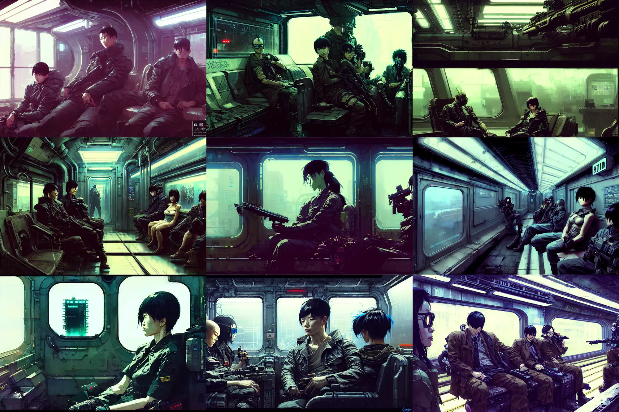 Prompt: hyper - realistic cinematic shot of cyberpunk portrait of military subway car interior, extreme detail, in style of pan ren wei, yoji shinkawa, ilya kuvshinov, atey ghailan, by greg rutkowski, by greg tocchini, by james gilleard, by joe fenton, by kaethe butcher, grunge aesthetic