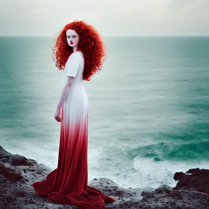 Image similar to a portrait photography of with red long curly hair and full body dress in white by Flora Borsi, stand up with the sea behind, soft sunset lighting, pastel colors scheme, fine art photography, dramatic backgroung, 50 mm sigma art