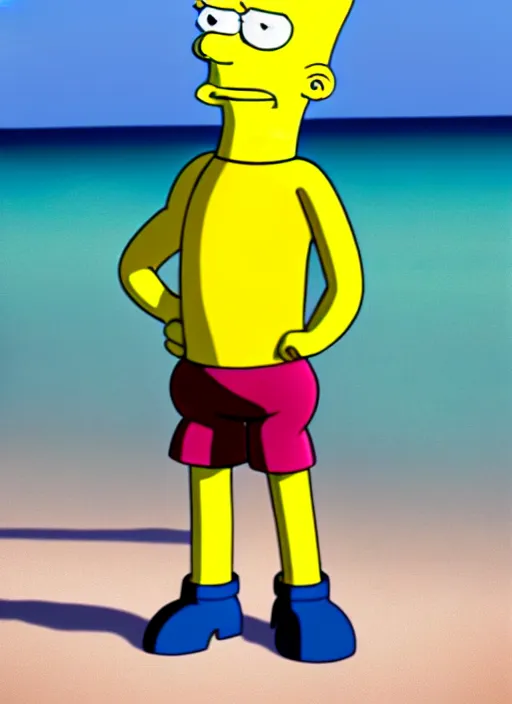 Image similar to professional photo of bart simpson, with muscular fit body and very very very detailed face, on the beach at noonday, blur background, original simpsons cartoon style