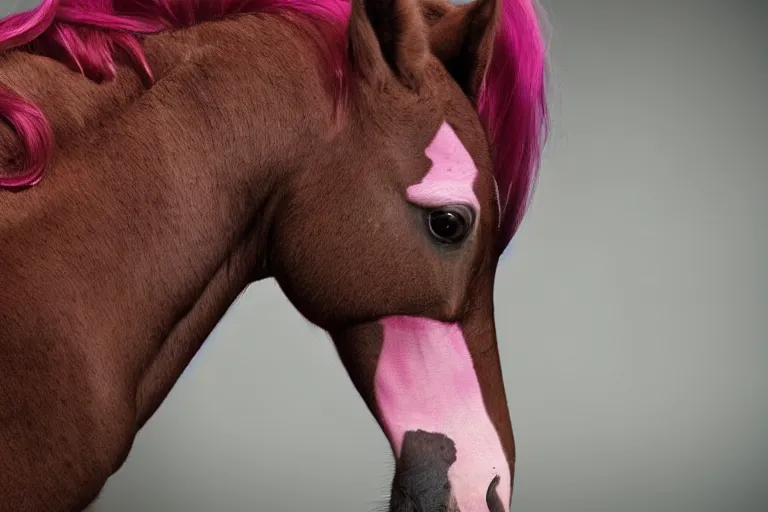 Image similar to Pinkie Pie equine, back towards camera, facing away, professional photography and mood lighting, equine photo, sitting down, flowing mane and tail, relaxed expression