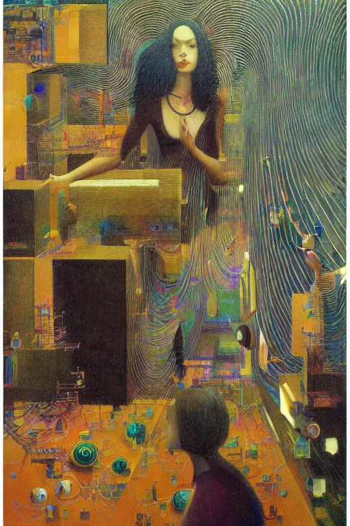 Image similar to realistic portrait of an engineer woman programming the samsara holy cluster, fine portrait, concept art, stunning, visionary, hyper realistic, detailed, by brecht evens, by jean delville, by francis bacon