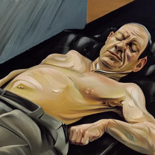 Prompt: Oil painting Portrait of a man in a business suit sleeping on the floor by Lucian Freud, Abstract brush strokes, Masterpiece