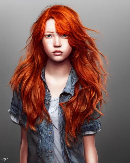 Image similar to portrait of 1 4 - year - old girl with flaming red hair, a lot of freckles, and bright brown eyes, wearing shirt, hyper realistic face, beautiful eyes, character art, art by mark brooks, hyperdetailed, cryengine, trending on artstation, digital art