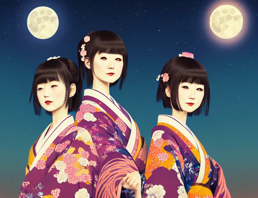 Image similar to two beautiful charming japan girls wear arty kimono in festival | | sunny night, full moon, dreamlike art, realistic shaded, smile, good looking, hyper details, 4 k realistic, cryengine, realistic shaded lighting poster by ilya kuvshinov, fuji choko, ross tran, 8 k resolution, trending on artstation, luxury