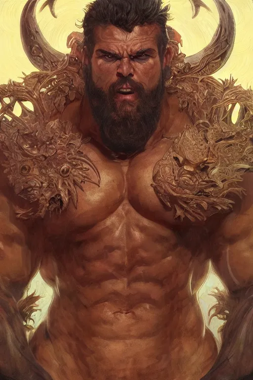 Image similar to portrait of gigachad as a hulking herculean demon, forest, godlike, full body, fantasy, intricate, elegant, highly detailed, digital painting, artstation, concept art, sharp focus, illustration, art by artgerm and greg rutkowski and alphonse mucha