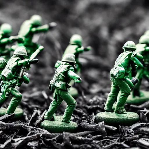 Image similar to 5 green plastic toy soldiers in set on fire with fuel . close up. DOF 100mm. F/1.8 45 45 degrees angle