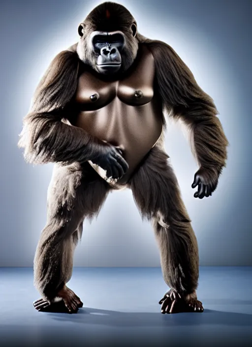 Image similar to studio photo still of a full body gorilla in a space suit, 8 k, studio lighting, key light from right side,