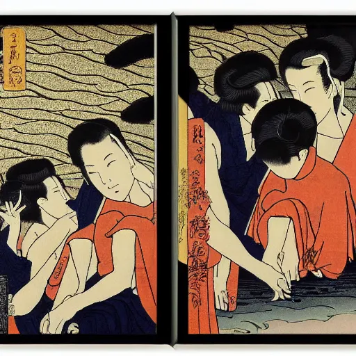 Image similar to fallen angels by wong kar - wai depicted in a hokusai inspired triptych painting