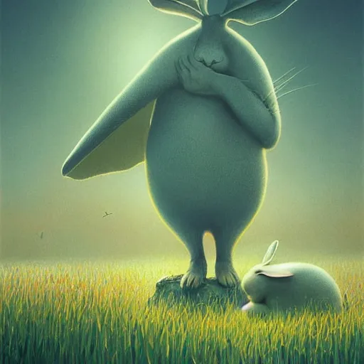 Image similar to adorable rabbits in verdant fields, delight! by zdzislaw beksinski and gediminas pranckevicius and tiffany bozic, cold hues, warm tone gradient background, concept art, beautiful composition, digital painting