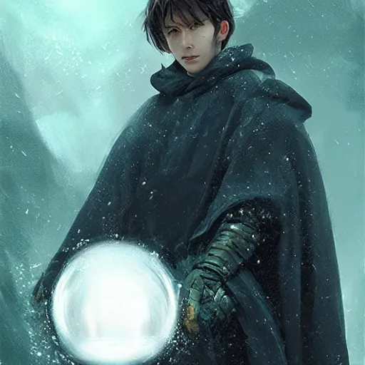 Prompt: A portrait of a young wizard in a dark cloak, he carries a snowglobe with humans trapped inside, emanating dimensional magic, digital art by Ruan Jia, Donglu Yu