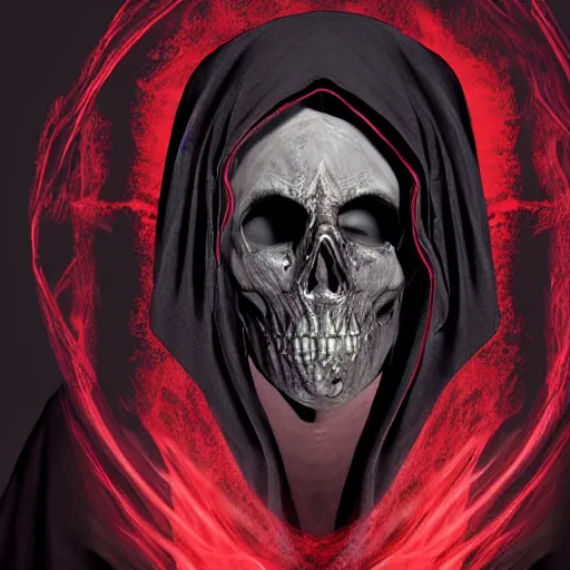 Image similar to a dark robed skeletal figure, with face covered by a hood, behind zombies, with swirling red magic, hd, digital art, photorealistic, by anson maddocks