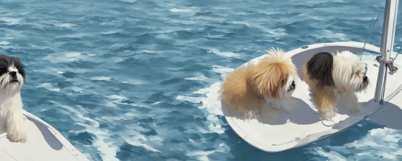 Image similar to a cream - colored havanese dog and shih tzu, sailing on an america's cup boat, hydrofoil, atey ghailan, goro fujita, studio ghibli, rim light, exquisite lighting, clear focus, very coherent,