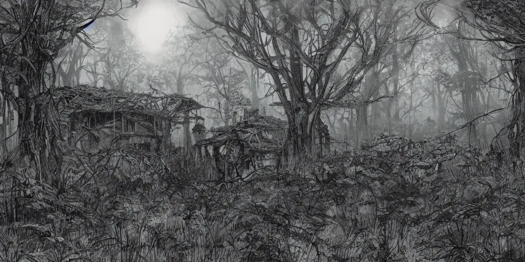 Image similar to photorealistic, ruined english bungalow at night, overgrown vegetation, in the forest, apocalypse, very dark, fog, skinny evil creatures, hell scape, horrifying, hyperrealistic, grimdark, art by tsutomu nihei