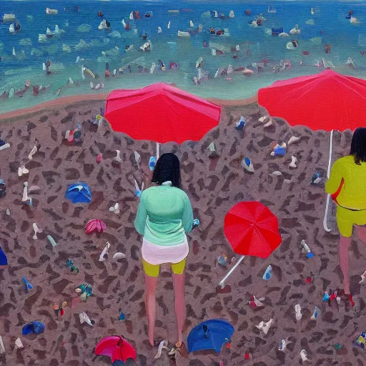 Prompt: a painting of people on a beach with umbrellas, birdseye view, a painting by Sally West, featured on tumblr, action painting, oil on canvas, painterly