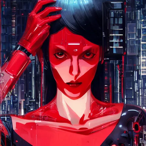 Image similar to A beautiful cyborg woman with red and black metallic parts || ANIME, fine-face, realistic shaded perfect face, fine details. Anime. realistic shaded lighting poster by Ilya Kuvshinov katsuhiro otomo ghost-in-the-shell, magali villeneuve, artgerm, Jeremy Lipkin and Michael Garmash and Rob Rey