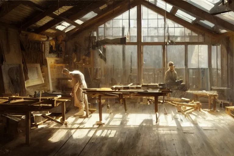 Image similar to simple craftsman fine woodworker building a wooden table in their well lit clean open workshop, art by anders zorn, wonderful masterpiece by greg rutkowski, beautiful cinematic light, american romanticism thomas lawrence, greg rutkowski