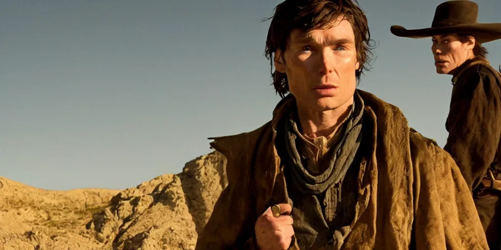 Image similar to rugged bandit cillian murphy in the old west, strangling hank floyd. volumetric lighting, cinematic, dark, grim. directed by coen brothers.