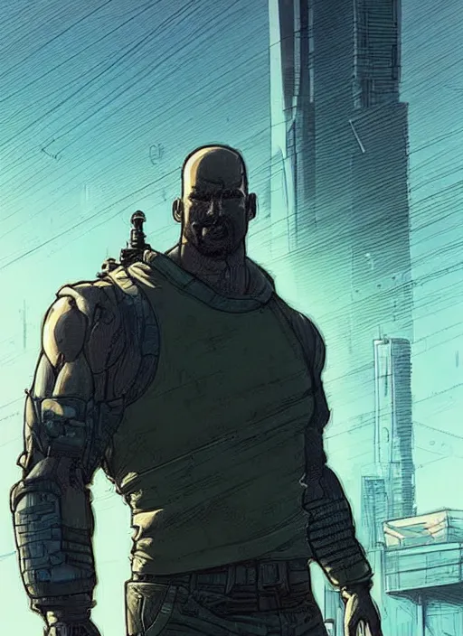 Image similar to Dumb Bubba. Buff cyberpunk meathead trying to intimidate hacker. Large man looms over hacker. Realistic Proportions. Concept art by James Gurney and Laurie Greasley. Moody Industrial skyline. ArtstationHQ. Creative character design for cyberpunk 2077.