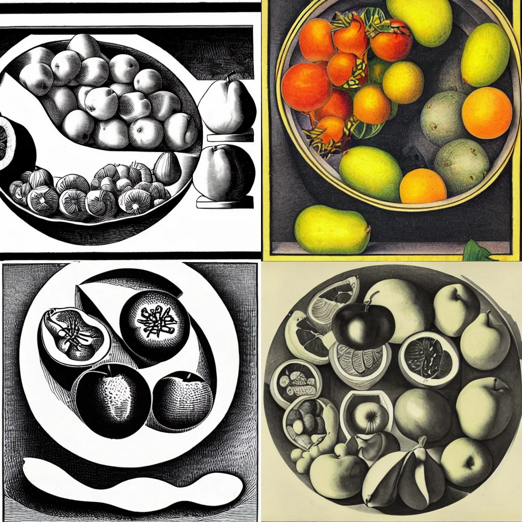 Prompt: M.C Escher illustration of a bowl of fruit