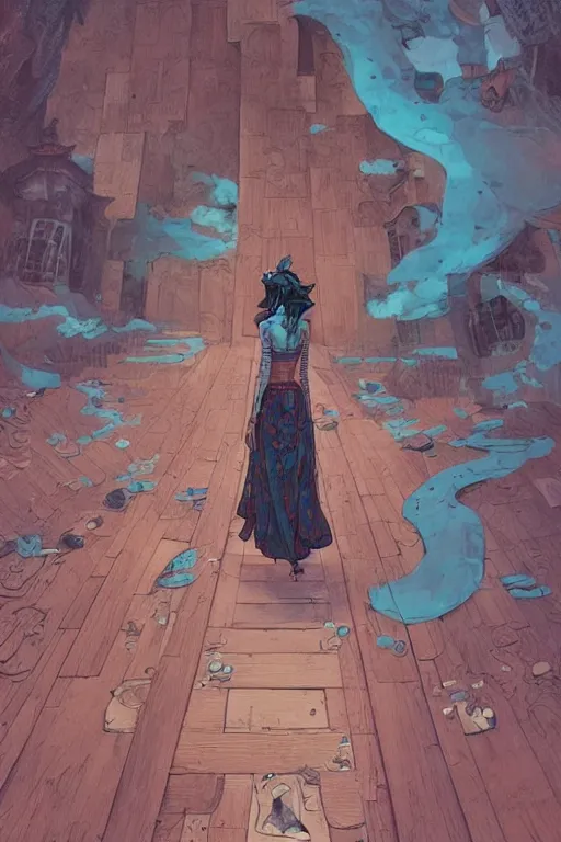 Image similar to a girl walking to a giant wooden door with archaic symbols embedded onto, digital art, very graphic illustration by peter mohrbacher and victo ngai and jean giraud, drawing, clean line, hd, colorful comics style