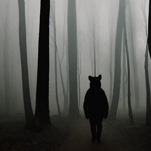 Image similar to a short furry monster with black fur walks out of a misty forest, silhouette, 3 5 mm