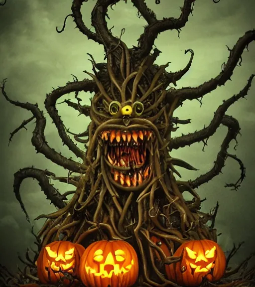 Image similar to a tim burton design of a horrifying king creature made of pumpkin, fat, limbs made from vines, sitting on a stone throne, detailed game art illustration, menacing carved facial expression, creepy lighting, dynamic pose, 4 k artstation, masterpiece