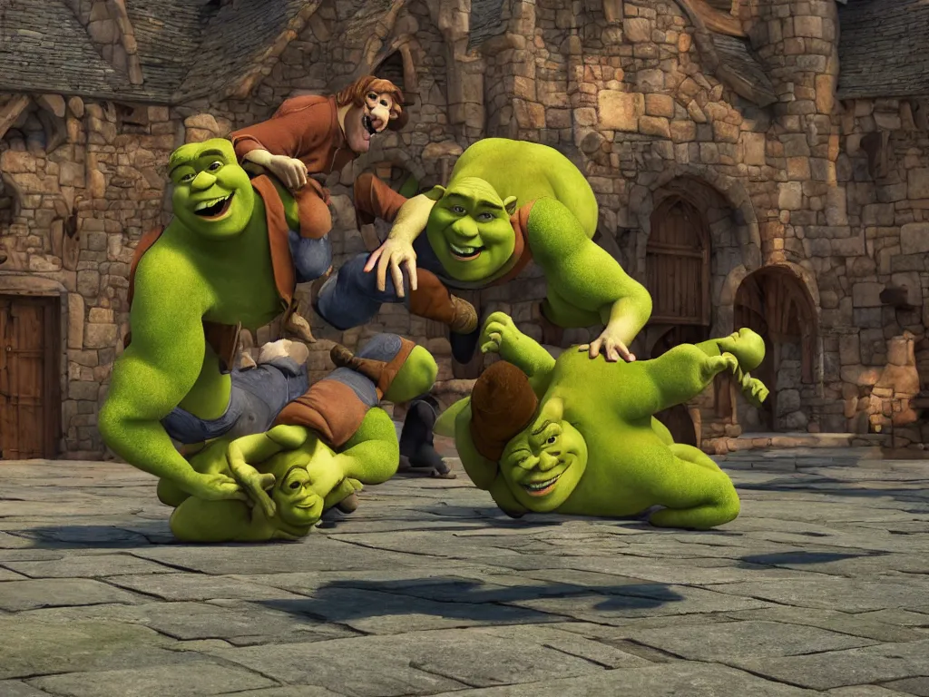 Prompt: shrek breakdancing while lord farquaad is in the back being impressed, High Definition detail, 8K, photography