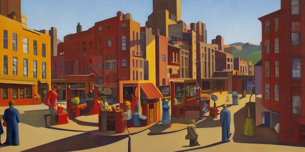 Image similar to toylike town, street elevation, market, grant wood, pj crook, edward hopper, oil on canvas