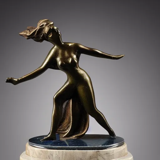 Prompt: antique 1930s France art deco. bronze figurine of a woman dancing. on marble base. by Briand Marcel Bouraine. 30cm. high detail photograph. studio