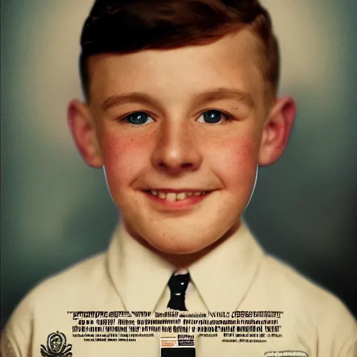 Prompt: the portrait of an US 10 years boy who fought ww2, British Pathe archive, time magazine, realistic, cinematic, 8k resolution