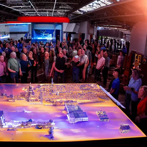Prompt: crane shot of large group people in open warehouse, looking at hologram of futuristic city on a table, cinematic still, godrays, golden hour, natural sunlight, 4 k, clear details, tabletop model buildings, tabletop model, ethereal hologram center, crane shot, crane shot, rule of thirds, people, people, award winning