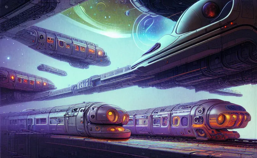 Image similar to urban train design only! 2 0 5 0 s retro future art 1 9 7 0 s science fiction borders lines decorations space machine, mech, robot. muted colors. by jean - baptiste monge, ralph mcquarrie, marc simonetti, 1 6 6 7. mandelbulb 3 d, fractal flame, jelly fish, coral, cinematic lightning