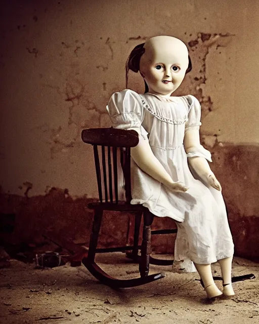 Image similar to closeup portrait of a creepy antique porcelain doll wearing a dirty dress with long wet black hair sitting in a rocking chair next to a child’s bed in a dimly lit filthy room in an abandoned old asylum at night, 8k octane render, cinematic, dramatic lighting, volumetric lighting, vintage photo, (1890)